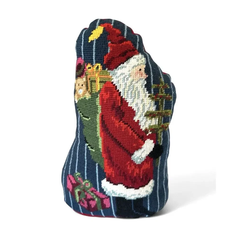 Vtg Handmade Needlepoint Santa Red Weighted door stop Cushion Shelf Decor